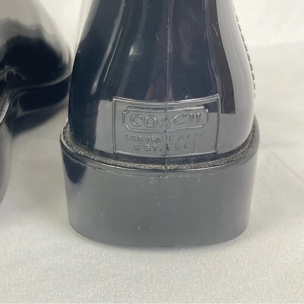 Coach Tasha Signature Gold Buckle Rain Boots Size 7 Patent Black Tall EUC - Picture 8 of 12
